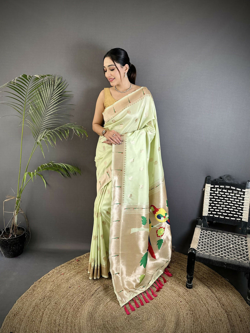 Joban Fashion Pista Green Peacock & Floral Motifs Soft Silk Kanchipuram Saree - Distacart