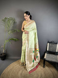 Joban Fashion Pista Green Peacock & Floral Motifs Soft Silk Kanchipuram Saree - Distacart