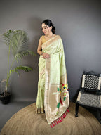Joban Fashion Pista Green Peacock & Floral Motifs Soft Silk Kanchipuram Saree - Distacart