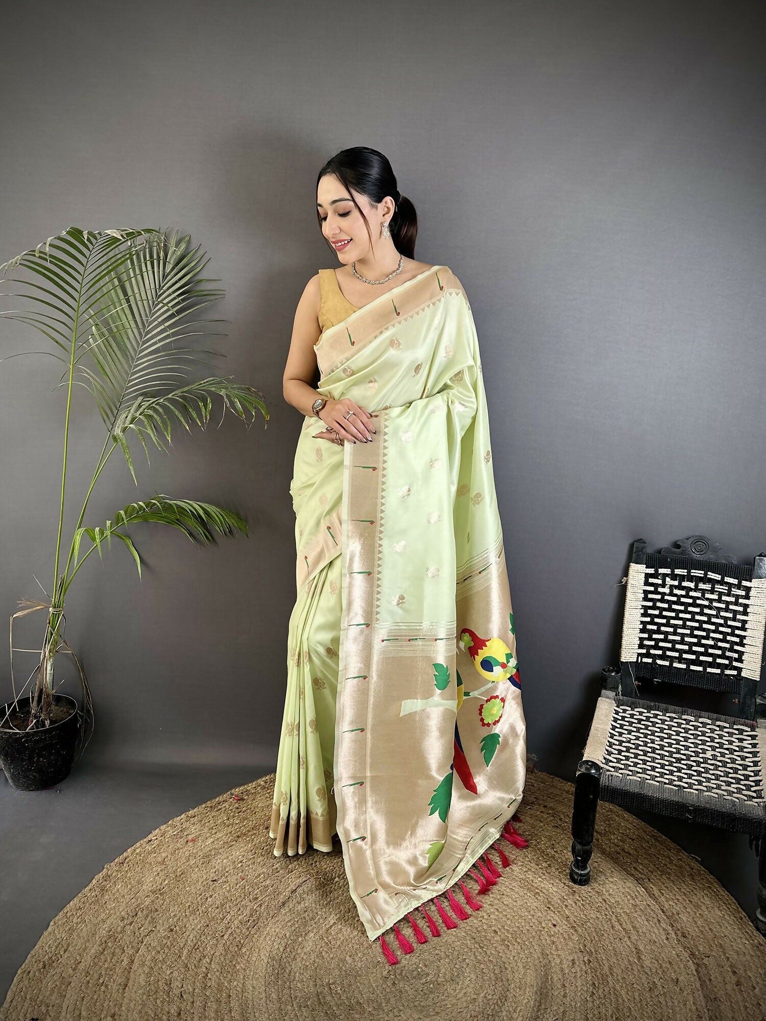 Joban Fashion Pista Green Peacock & Floral Motifs Soft Silk Kanchipuram Saree - Distacart