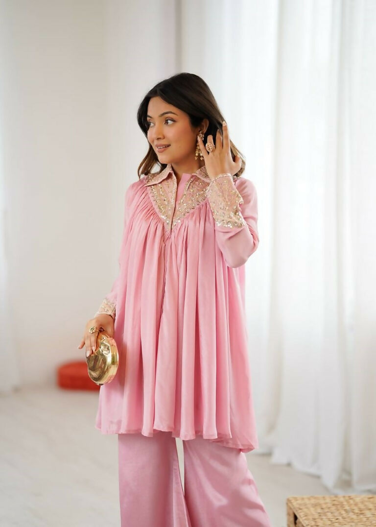 Teeya Creation Baby Pink Heavy Chinnon Silk Embroidery Work Plazo pair - Distacart