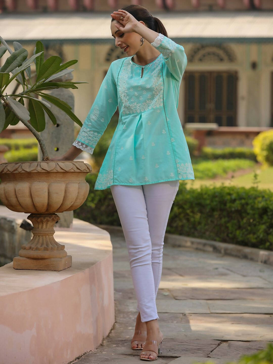 Juniper Women's Aqua Cambric Floral Printed Tunic - Distacart