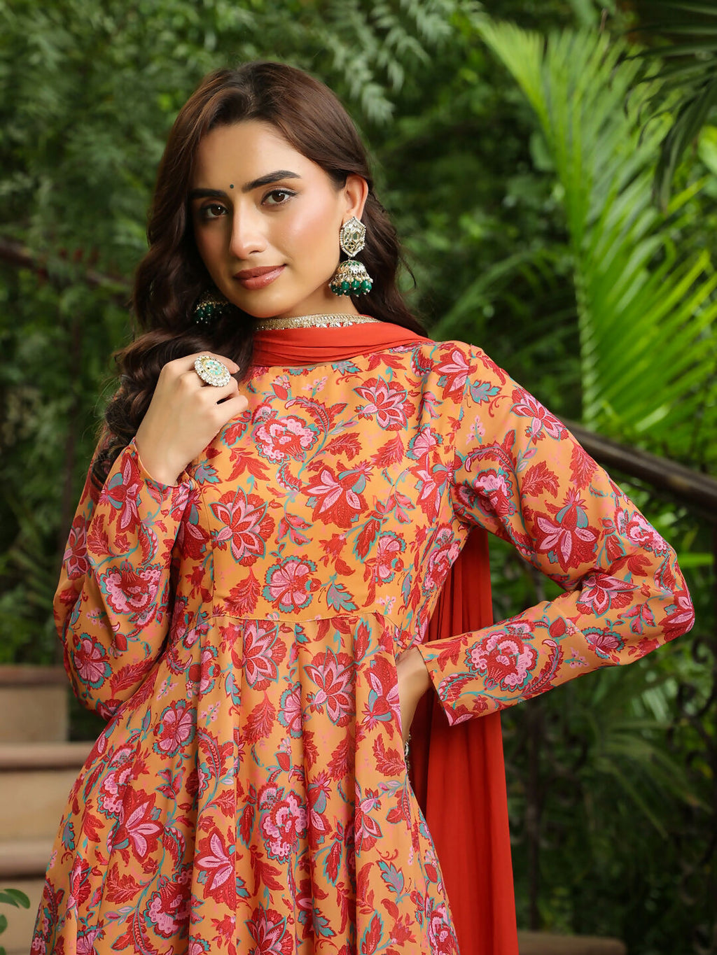 Janasya Mustard Georgette Floral Kurta,Bottom & Dupatta