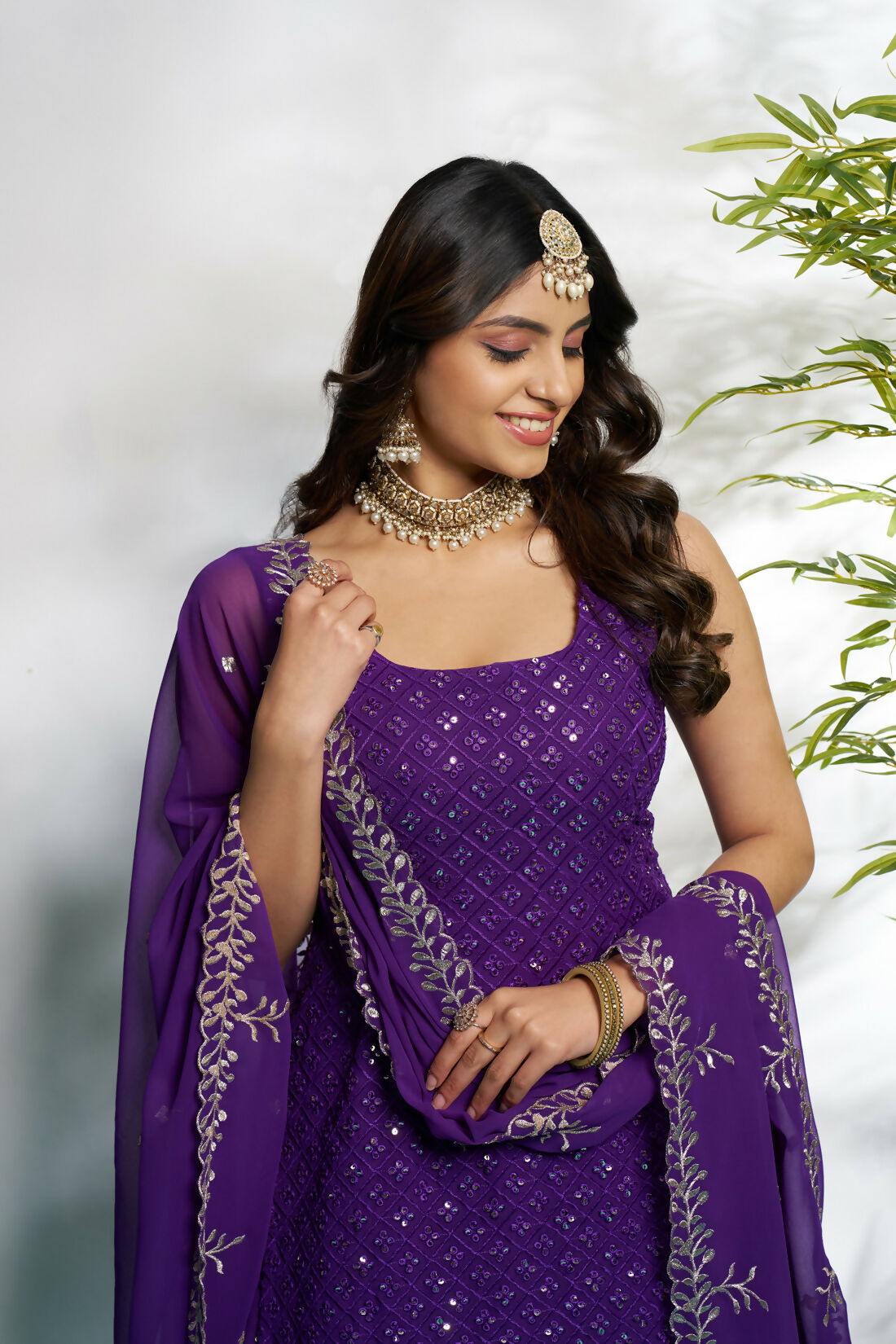 Aayaa Designer Faux Gorgette Embroidery Zari Sequins Thread work Full Flaired plazzo Suit with Dupatta - Purple