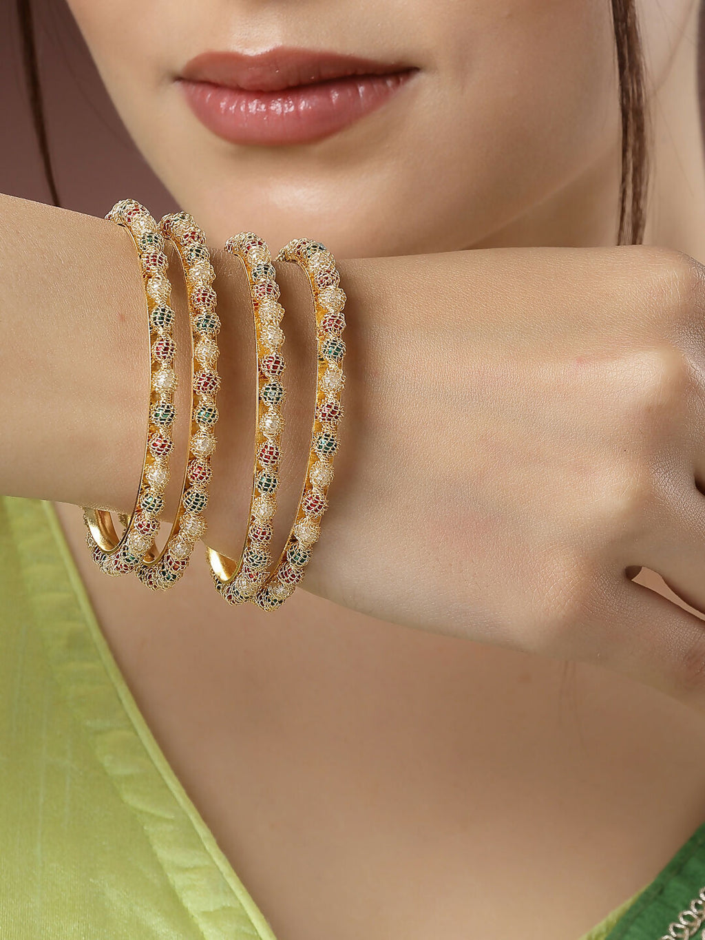 NVR Women's Set of 4 Gold-Plated Beads Handcrafted Traditional Bangles - Distacart