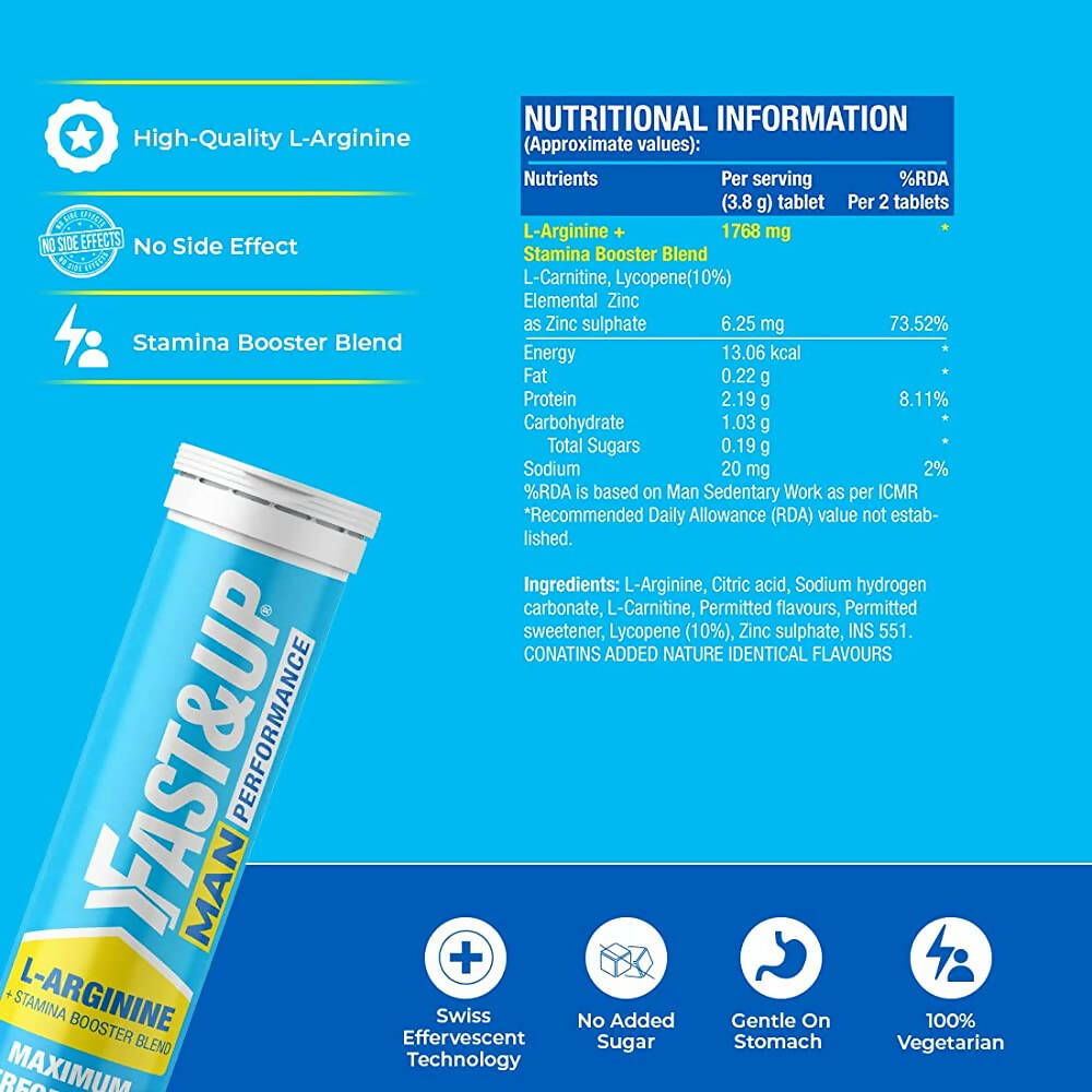 Fast&Up Man Performance-1500mg L-Arginine Effervescent Tablets-Orange Flavor - Distacart