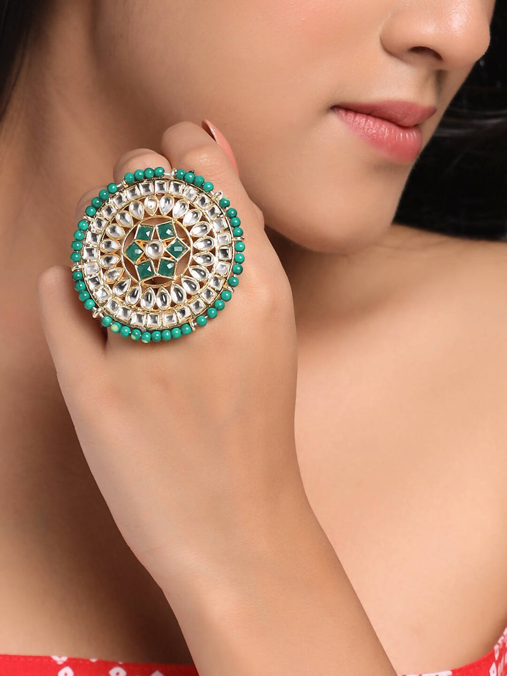 NVR Women's Traditional Ethnic Kundan Meenakari Gold-Polished Ajustable Finger Ring