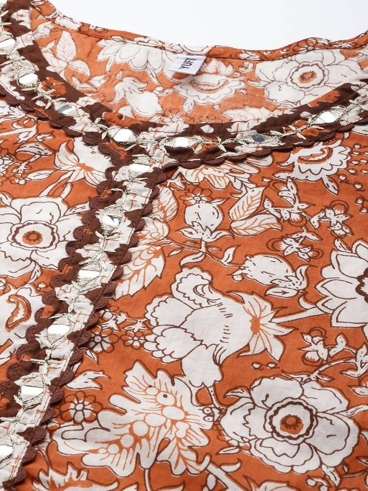 Yufta Brown & Off White Floral Print Kurta with Trousers and Dupatta Set