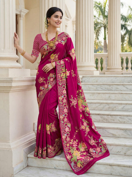 Aastha Fashion Rani Pink Premium Russian Silk Designer Floral Position Print Saree