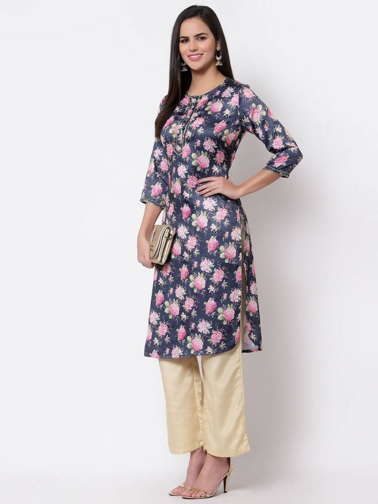 Myshka Silk Printed 3/4 Sleeve Round Neck Casual Blue Women's Kurta