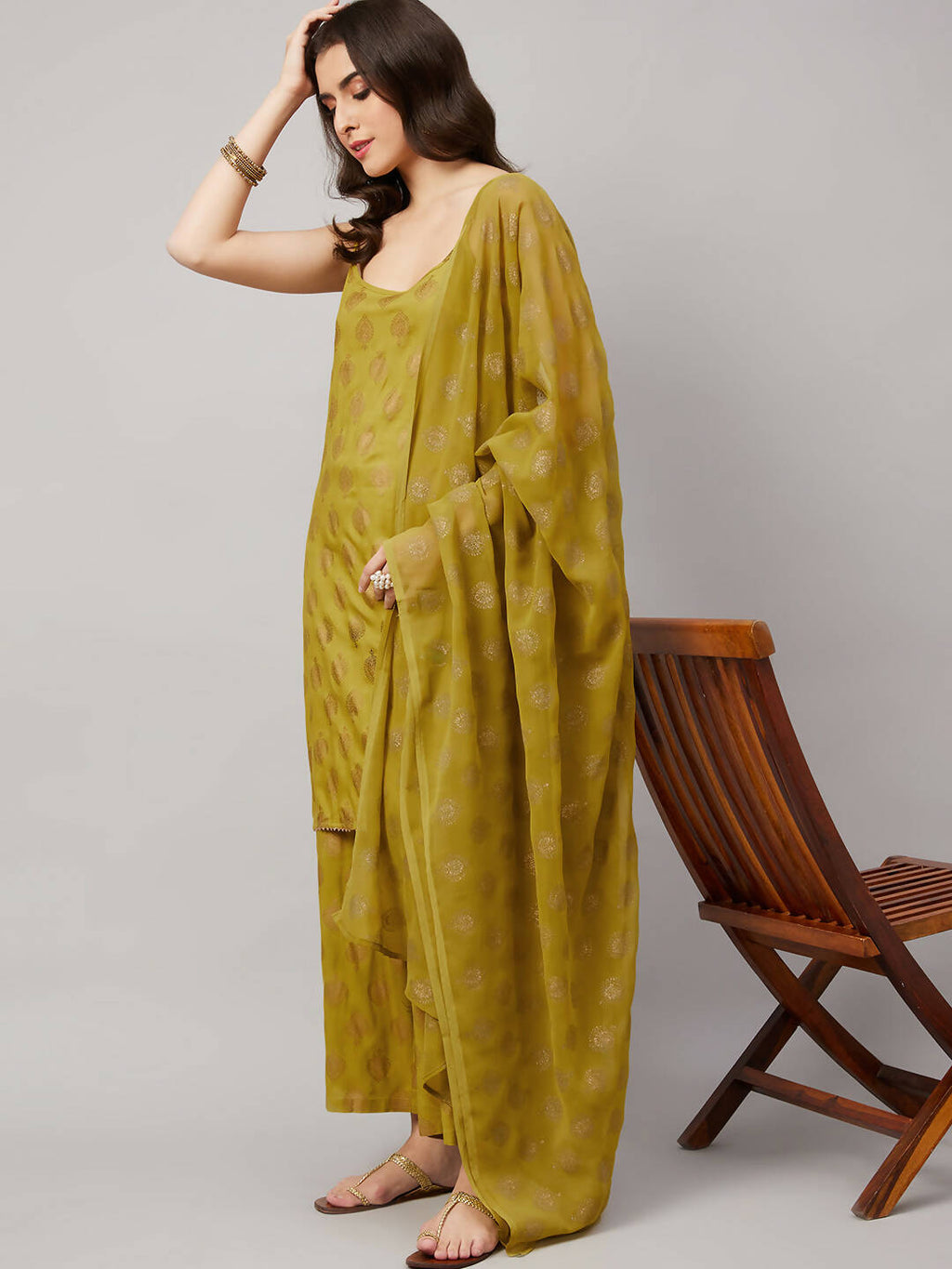 Lime Green & Golden Ethnic Motifs Print Kurta with Palazzo & Dupatta - Vishwa