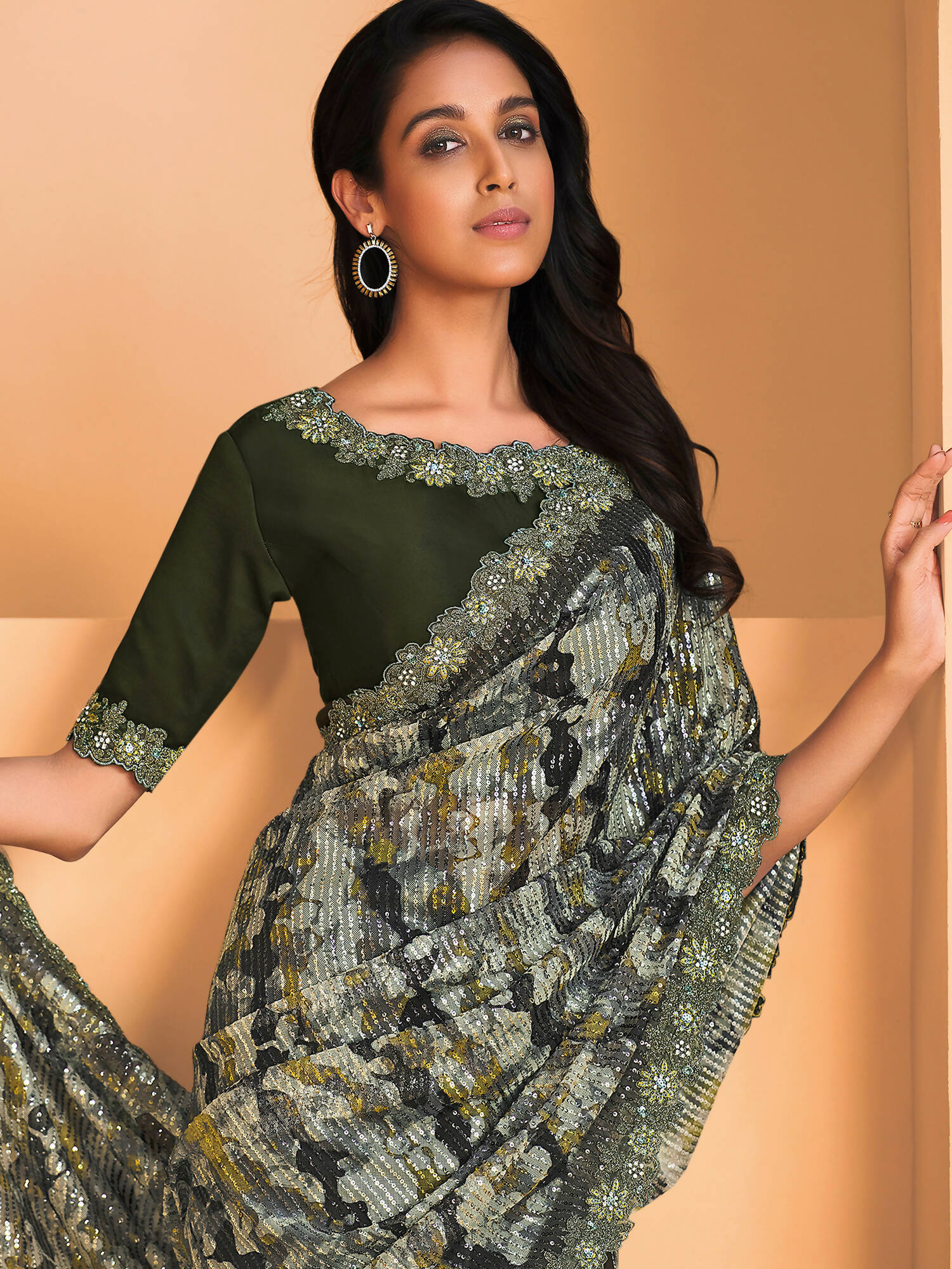 Green Satin Crepe Silk Sequence Embroidered Saree With Unstitched Blouse - Mohmanthan Yavanika