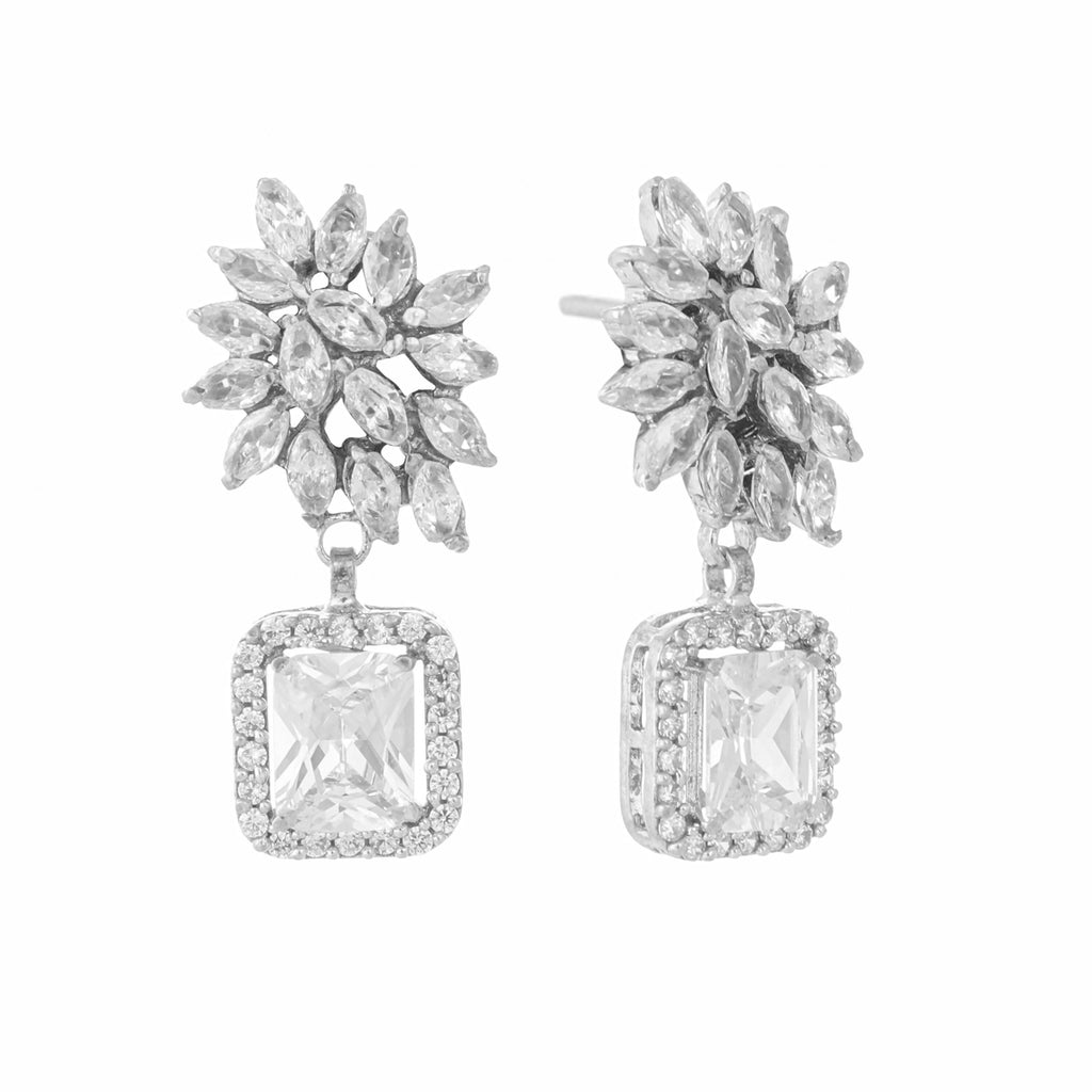 Nuyug Rhodium-Plated Rhinestone Studded Floral Minimal Cotemporary Studs - Distacart