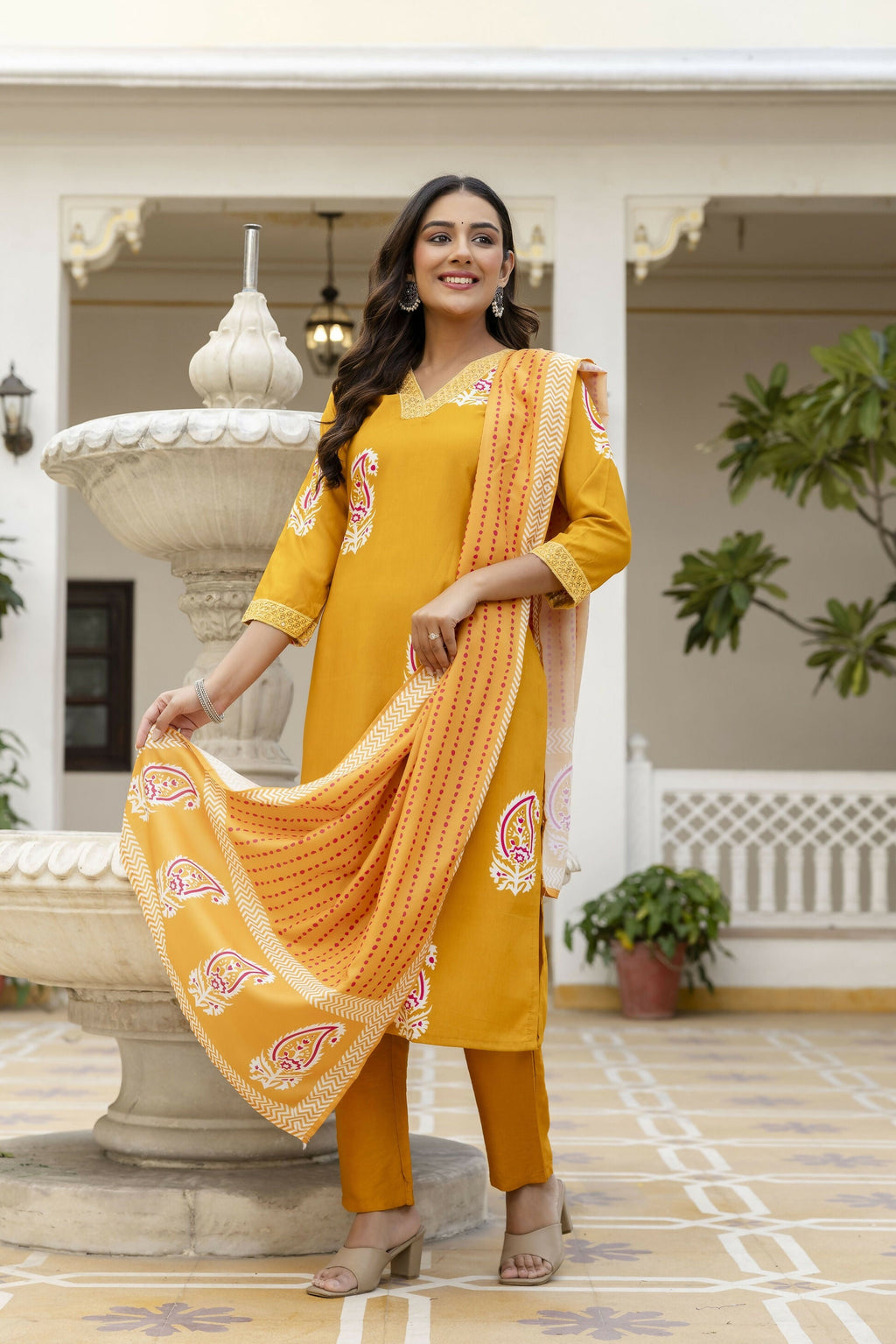 The52 Women's Beautiful Rayon Fabric Printed Work Straight Kurta Pant and Dupatta Set - Distacart