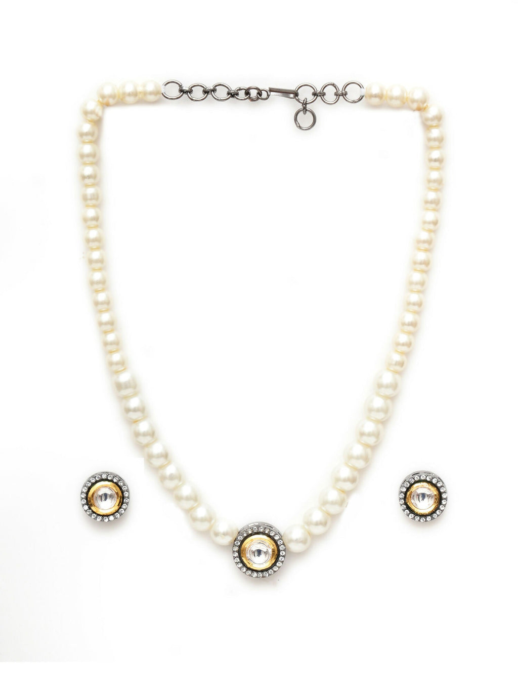 Kundan and Pearl Choker with Studs Jewellery Set (white) - Ruby Raang