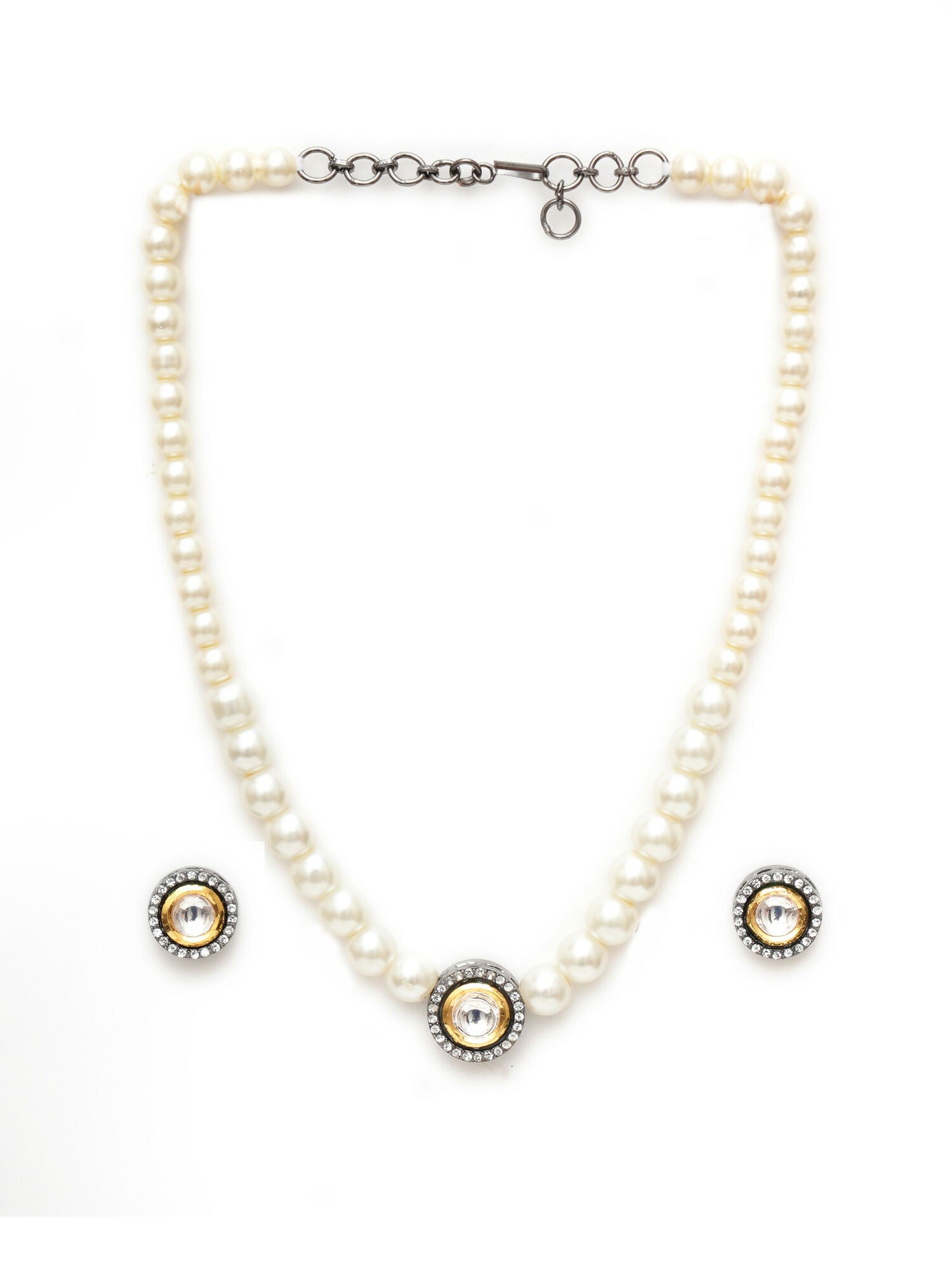 Kundan and Pearl Choker with Studs Jewellery Set (white) - Ruby Raang