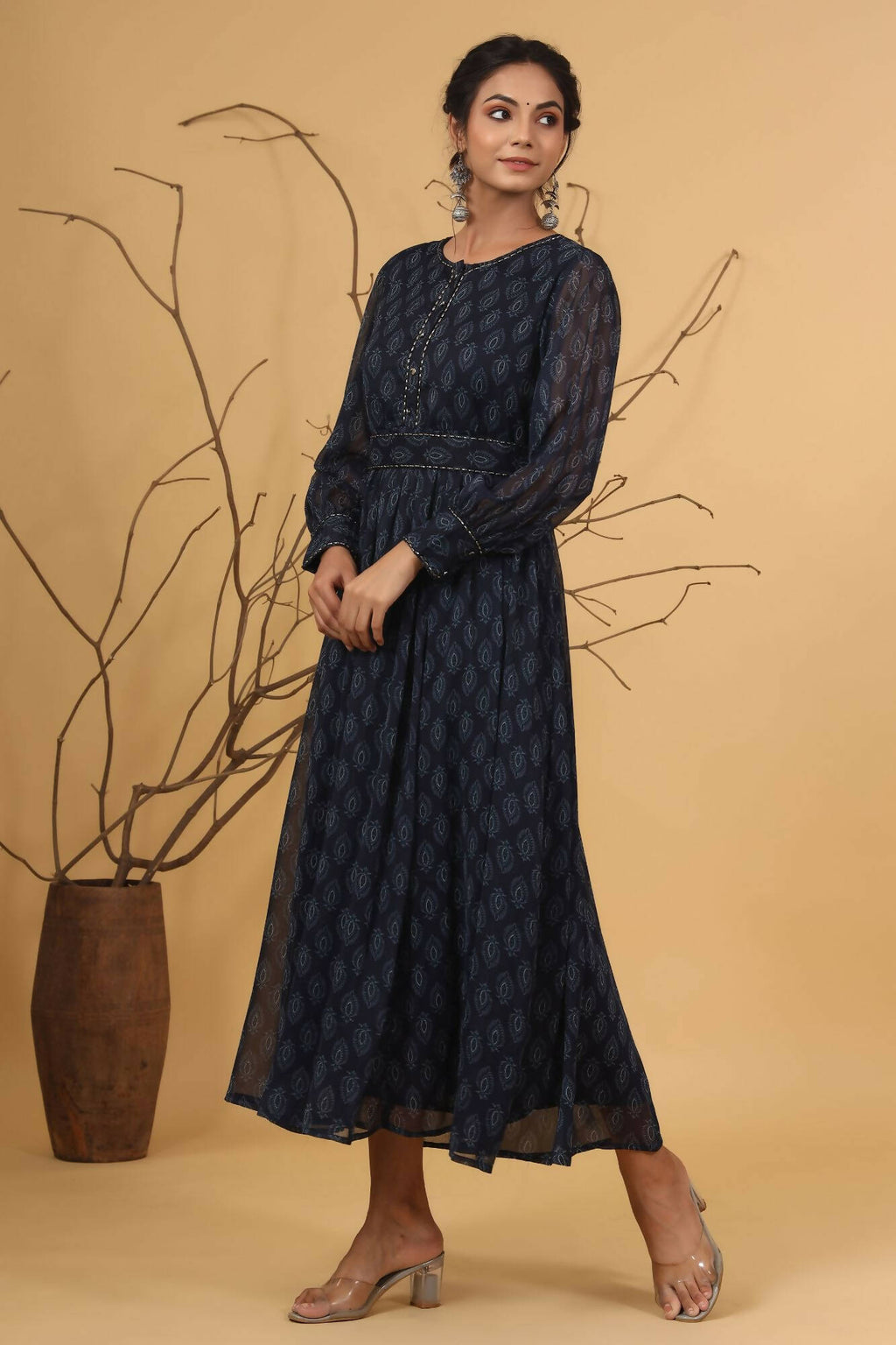 Juniper Women Navy Chiffon Printed Flared Dress - Distacart