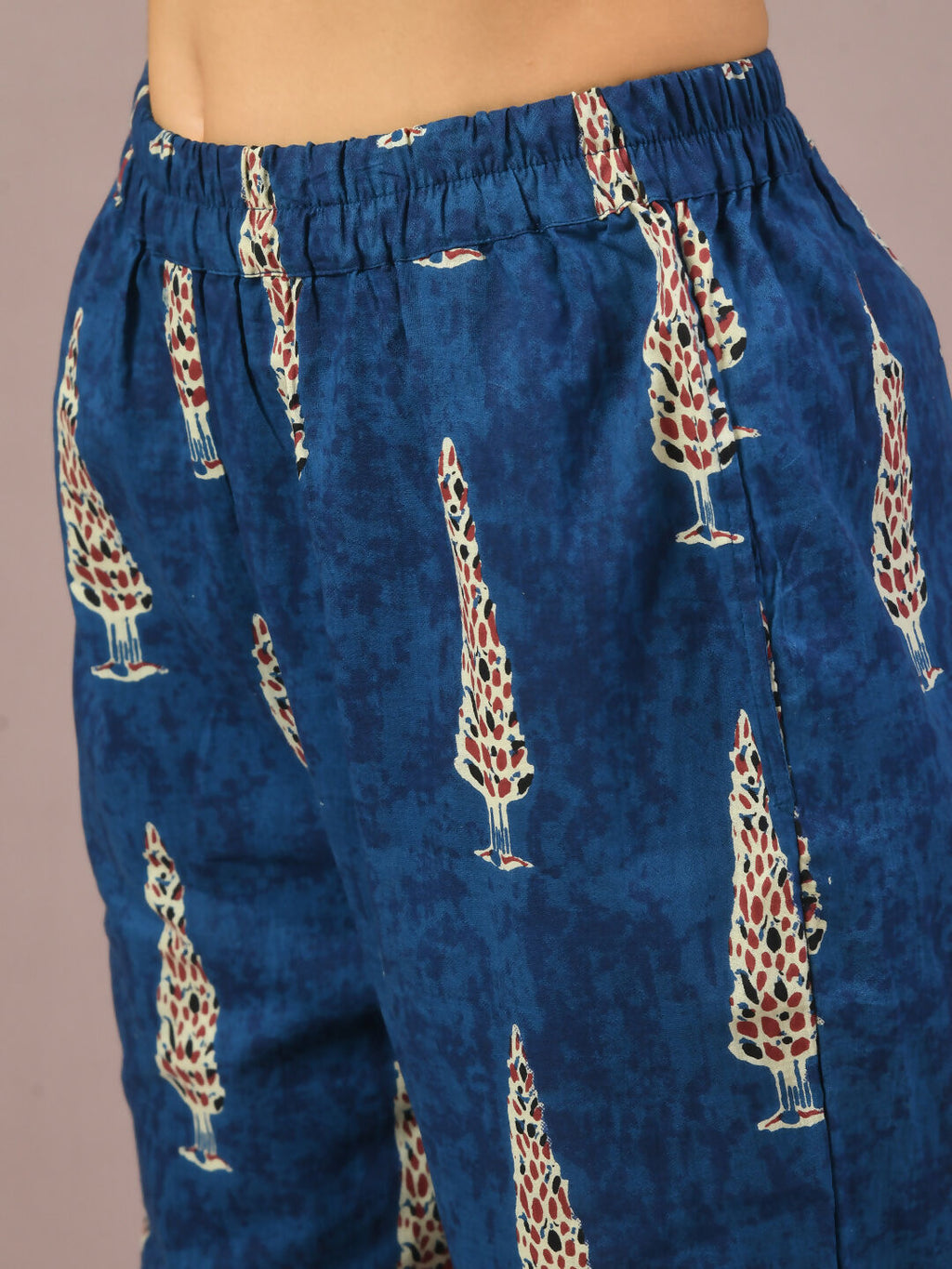Myshka Women's Blue Printed Cotton Round Neck Party Tunic With Trousers Co-ord set