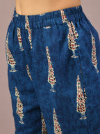 Myshka Women's Blue Printed Cotton Round Neck Party Tunic With Trousers Co-ord set