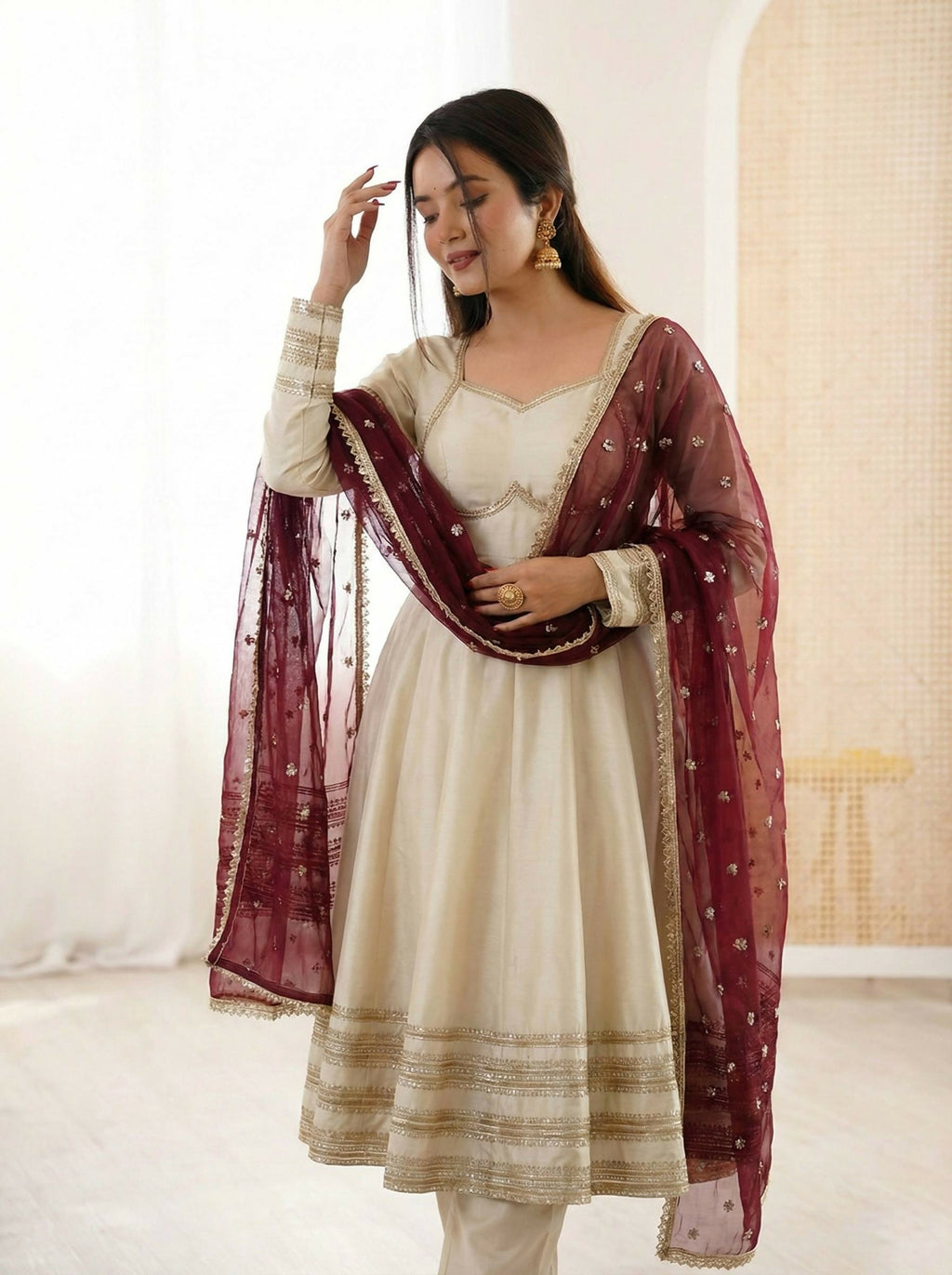 Teeya Creation Cream Cosmos Gold Lace Work Party Wear Gown - Distacart