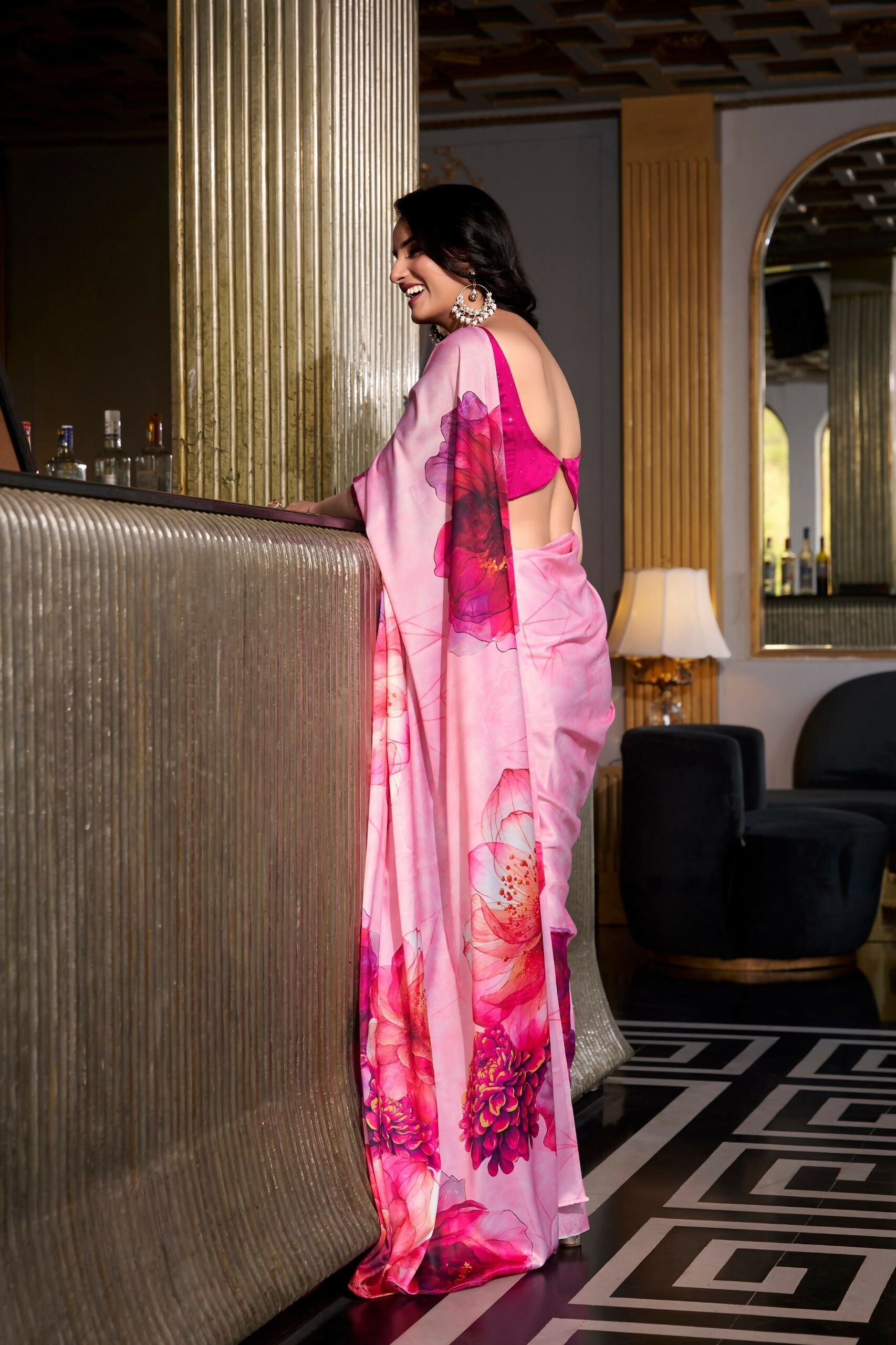 Vastranavya Baby Pink Satin Silk Printed Saree with Hotfix Work Unstitched Blouse