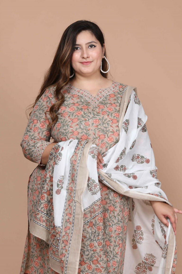 Miravan Women's Plus Size Brown Floral Printed Gotta Patti Pure Cotton Kurta With Palazzo And Dupatta Set