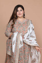 Miravan Women's Plus Size Brown Floral Printed Gotta Patti Pure Cotton Kurta With Palazzo And Dupatta Set