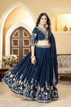 Eilara Prussian Blue Georgette Embroidered Panelled Style Lehenga