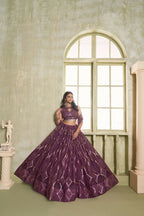 Eilara Embroidered, Sequins And Thread Work Net A - Line Lehenga Choli In Wine