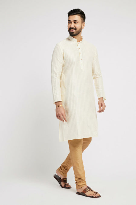 Ethnic India Cream Men's Kurta Striped Polyester