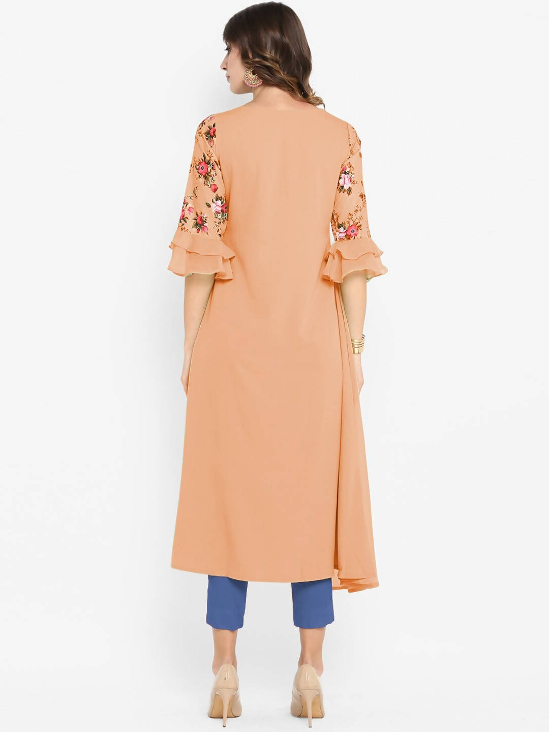 Janasya Peach-Coloured & Green Floral Printed Bell Sleeves Kurta - Distacart
