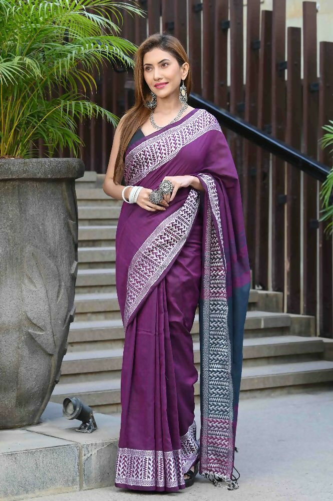 Beatitude Purple Cotton Jacqaurd Border Tangail Handloom Saree