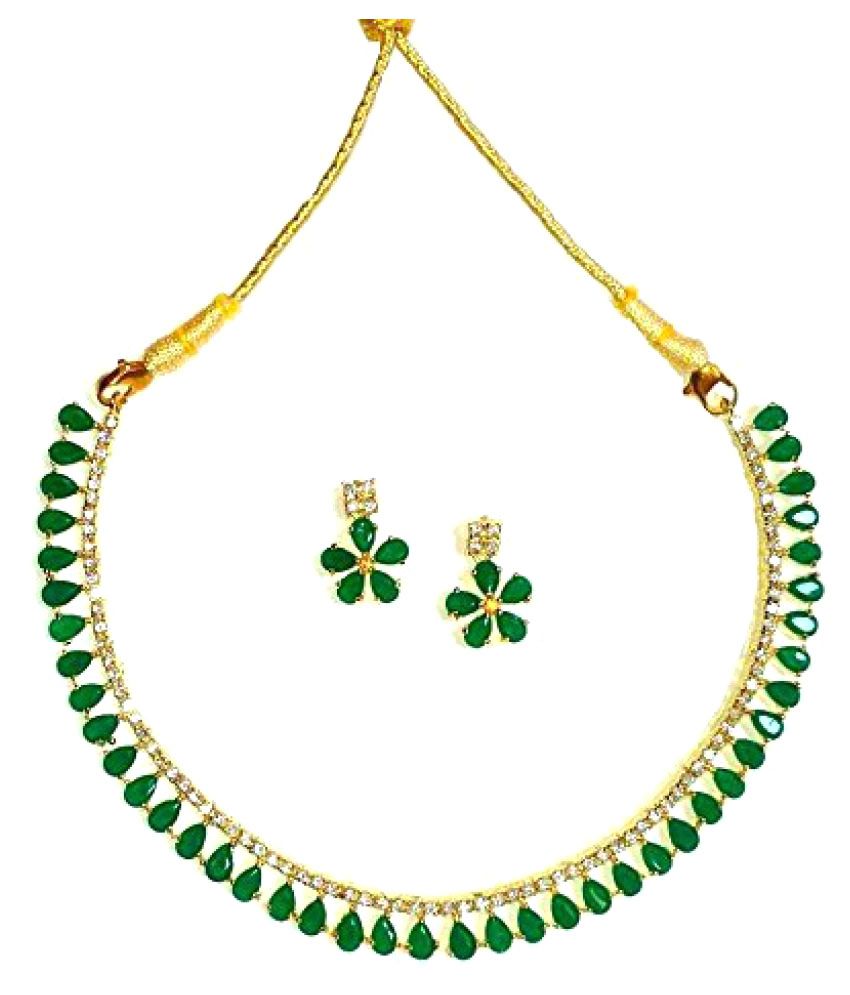 Gold-Polished Alloy American Diamond Green Necklace Set - The Pari