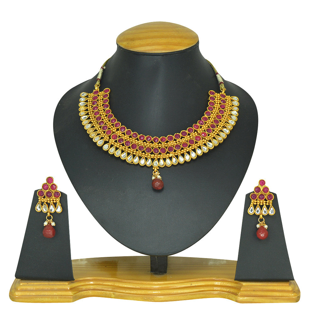 Gold-Polished Alloy Ruby Colour Stone Studded Choker Necklace Set - The Pari