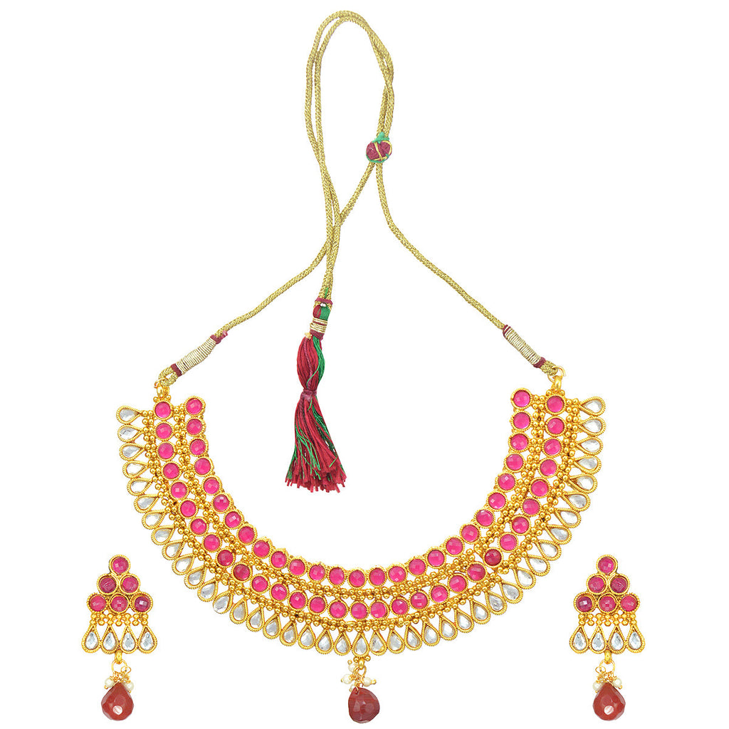 Gold-Polished Alloy Ruby Colour Stone Studded Choker Necklace Set - The Pari