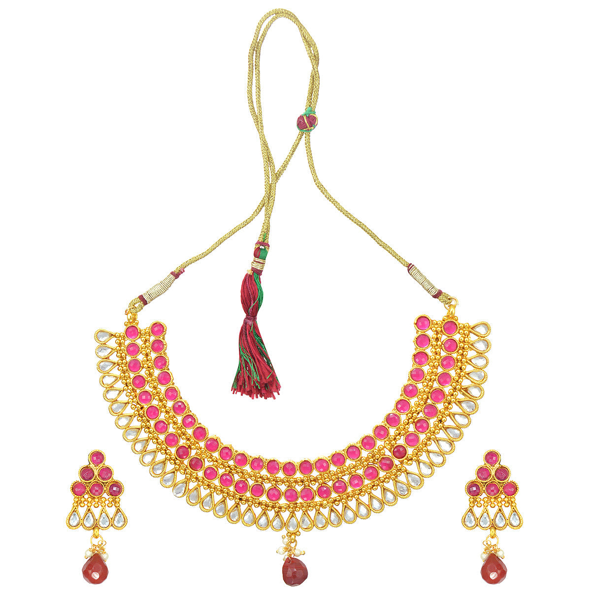 Gold-Polished Alloy Ruby Colour Stone Studded Choker Necklace Set - The Pari