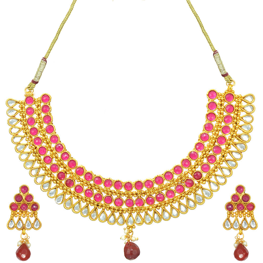 Gold-Polished Alloy Ruby Colour Stone Studded Choker Necklace Set - The Pari