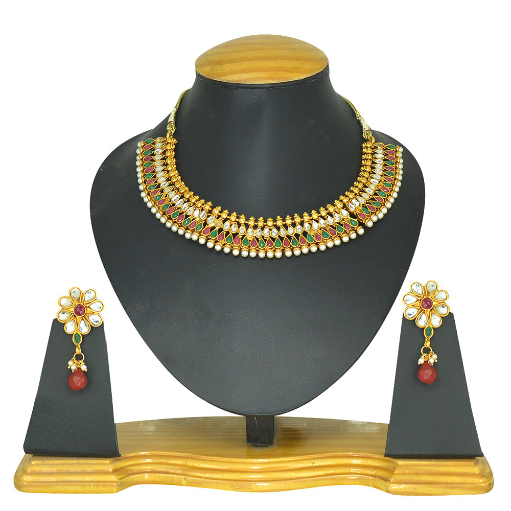 Gold-Polished Alloy Multi Stone Studded Choker Necklace Set - The Pari