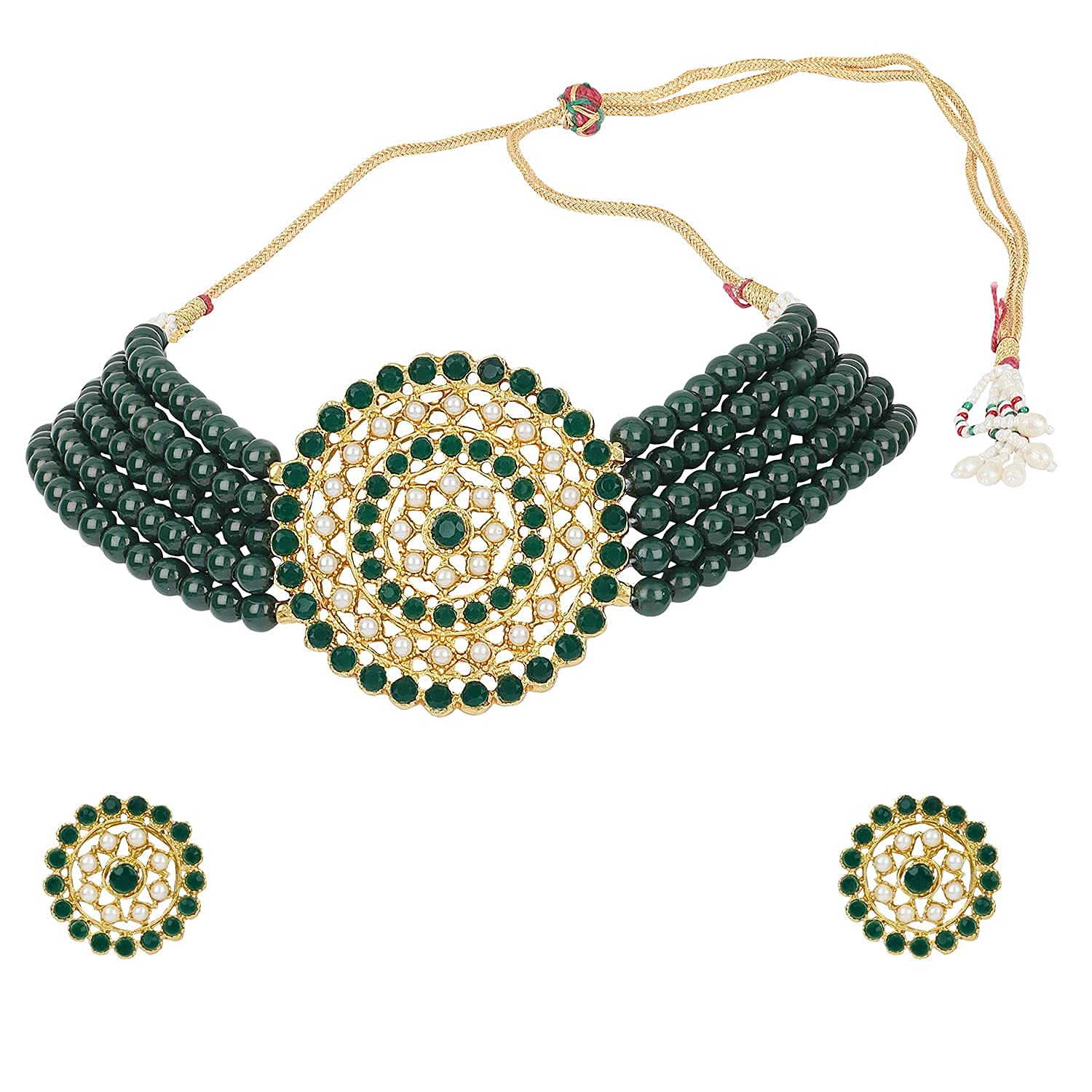 Gold-Polished Alloy Green Beaded Round Pendant Choker Necklace Set - The Pari