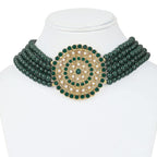 Gold-Polished Alloy Green Beaded Round Pendant Choker Necklace Set - The Pari
