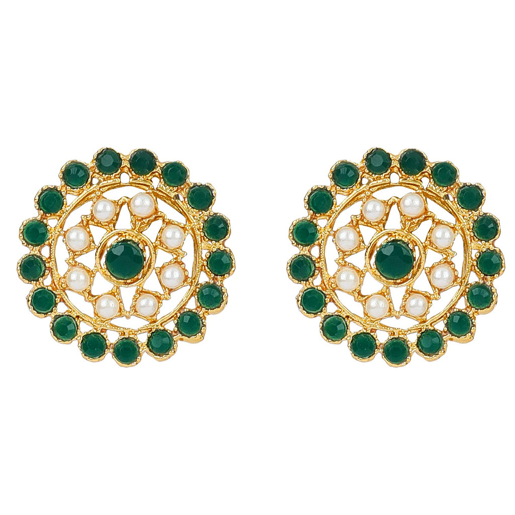 Gold-Polished Alloy Green Beaded Round Pendant Choker Necklace Set - The Pari