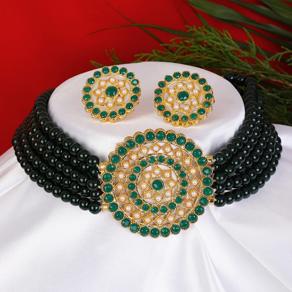 Gold-Polished Alloy Green Beaded Round Pendant Choker Necklace Set - The Pari