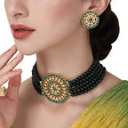 Gold-Polished Alloy Green Beaded Round Pendant Choker Necklace Set - The Pari