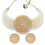Gold-Polished Alloy Pearl Beaded Round Pendant Choker Necklace Set - The Pari