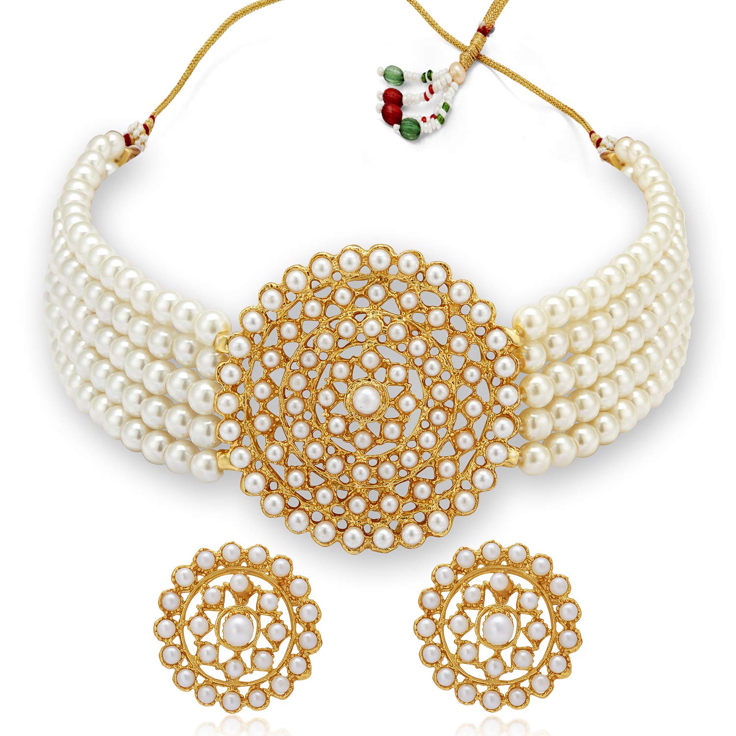 Gold-Polished Alloy Pearl Beaded Round Pendant Choker Necklace Set - The Pari