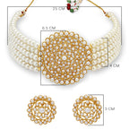 Gold-Polished Alloy Pearl Beaded Round Pendant Choker Necklace Set - The Pari