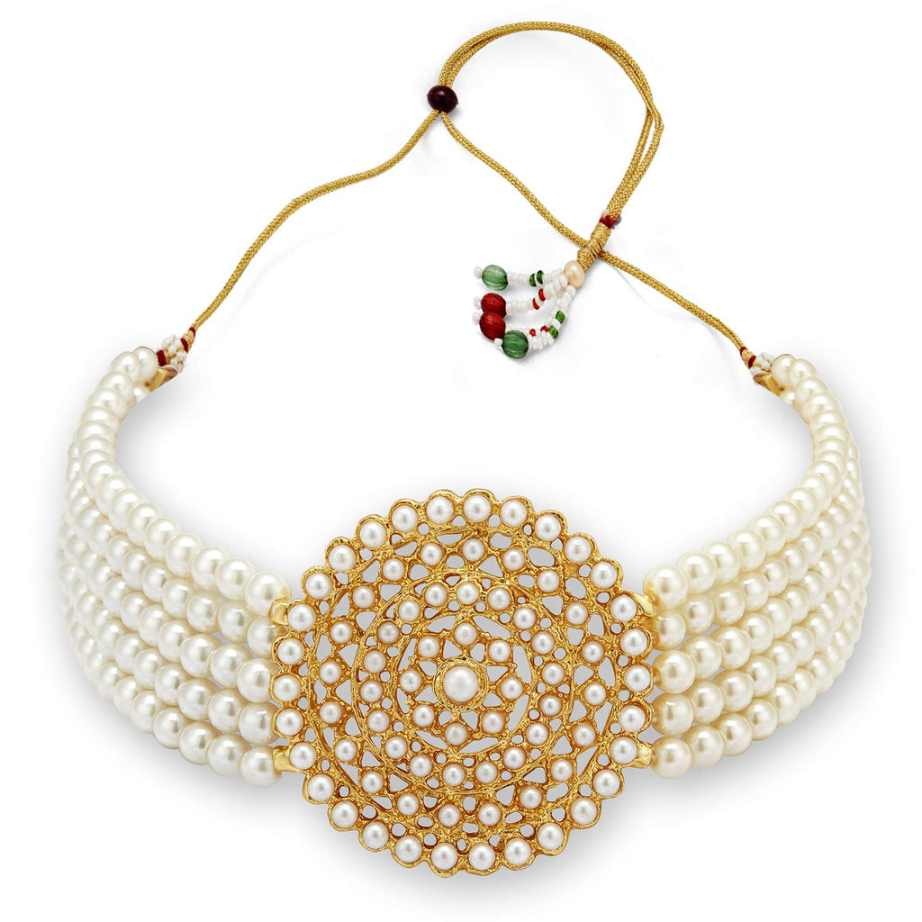Gold-Polished Alloy Pearl Beaded Round Pendant Choker Necklace Set - The Pari