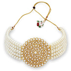 Gold-Polished Alloy Pearl Beaded Round Pendant Choker Necklace Set - The Pari