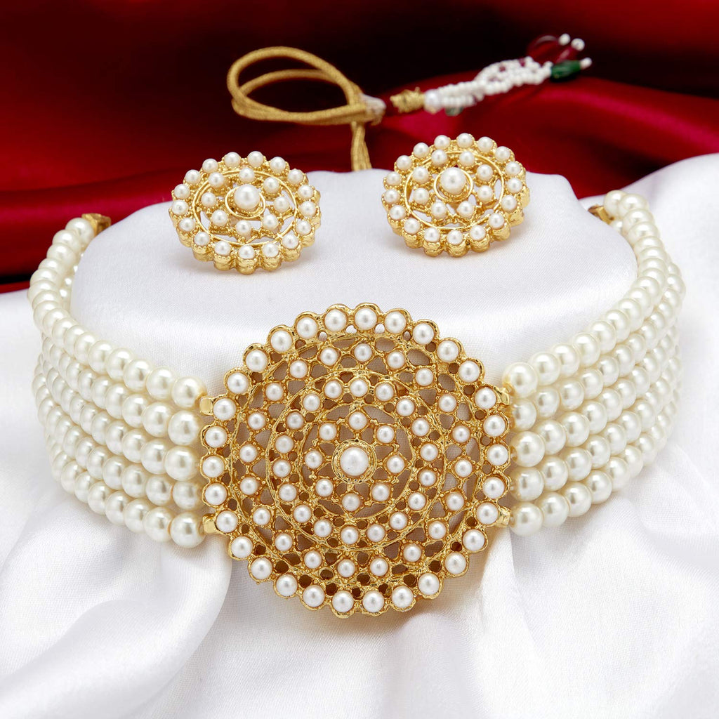 Gold-Polished Alloy Pearl Beaded Round Pendant Choker Necklace Set - The Pari