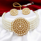 Gold-Polished Alloy Pearl Beaded Round Pendant Choker Necklace Set - The Pari